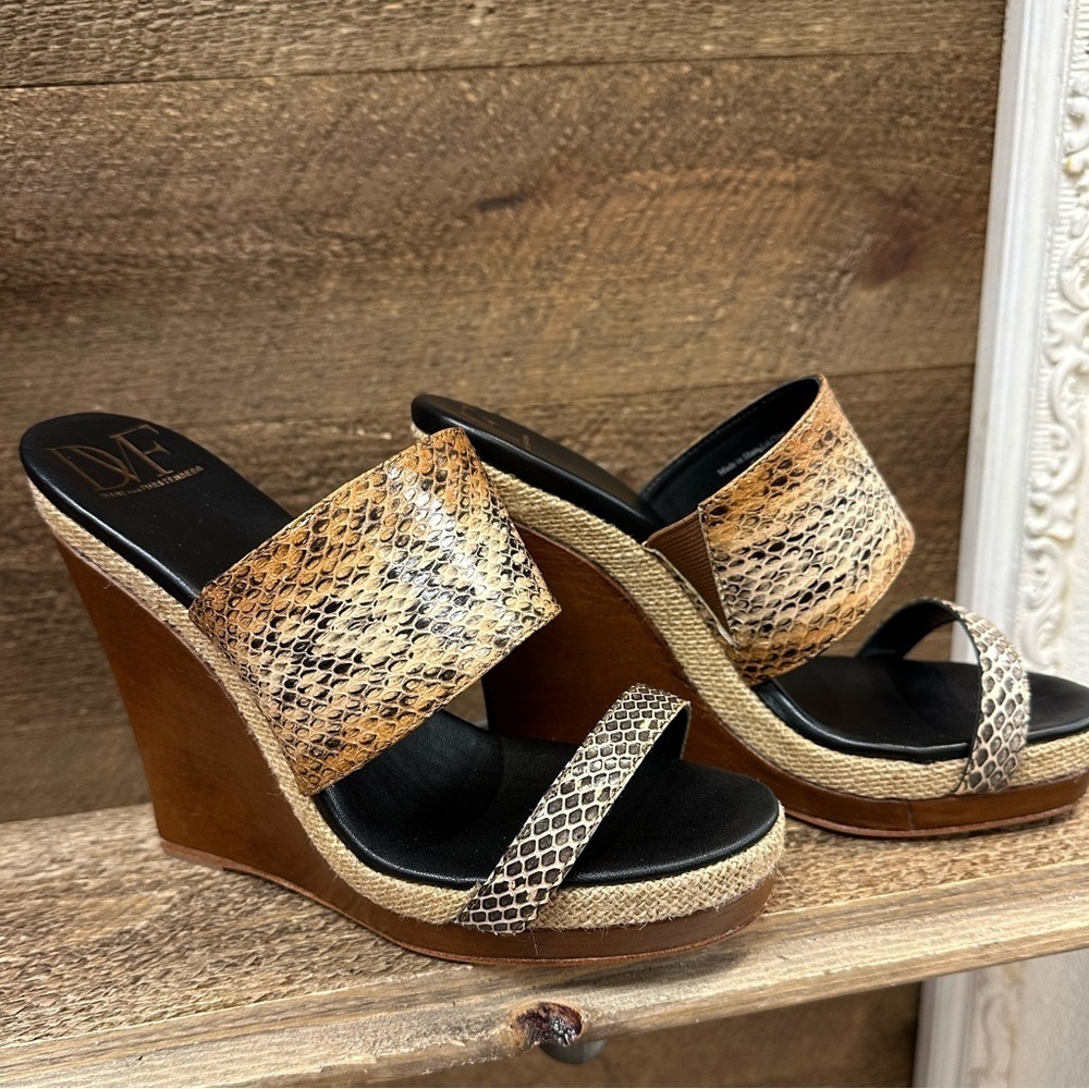 Diane von Furstenberg “Tiffany” Camel Watersnake Wedge Sandals – Size 7.5M